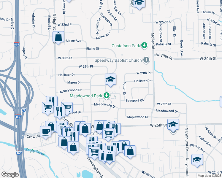 map of restaurants, bars, coffee shops, grocery stores, and more near 5700 Meadowood Drive in Speedway