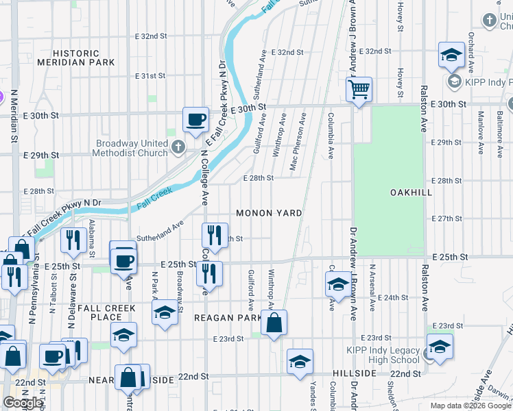 map of restaurants, bars, coffee shops, grocery stores, and more near 825 East 27th Street in Indianapolis