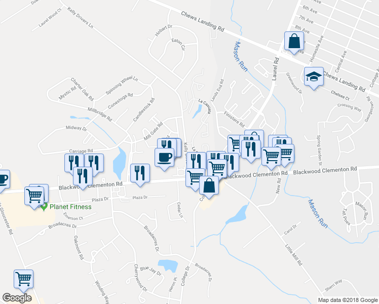 map of restaurants, bars, coffee shops, grocery stores, and more near 121 La Cascata in Clementon