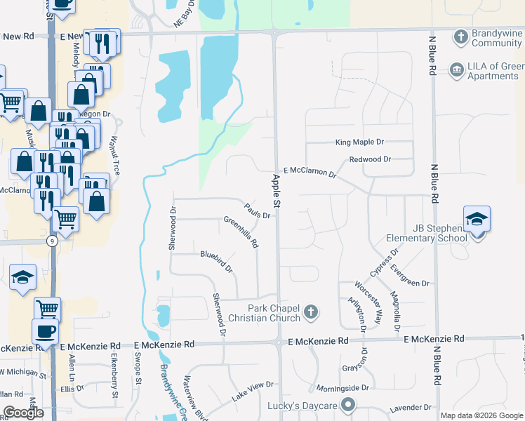 map of restaurants, bars, coffee shops, grocery stores, and more near 1418 Apple Street in Greenfield