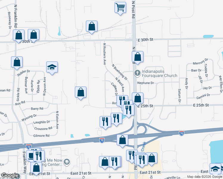 map of restaurants, bars, coffee shops, grocery stores, and more near 8757 Routiers Court in Indianapolis