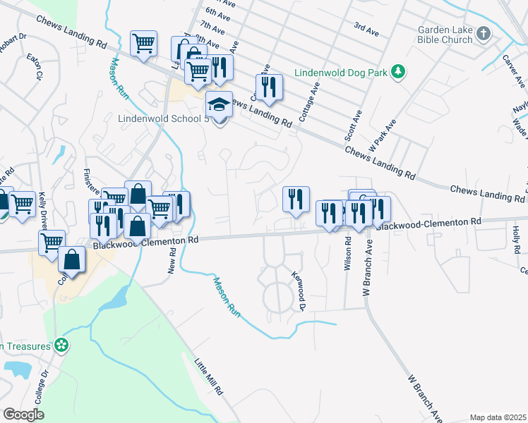 map of restaurants, bars, coffee shops, grocery stores, and more near 15 Dover Drive in Lindenwold