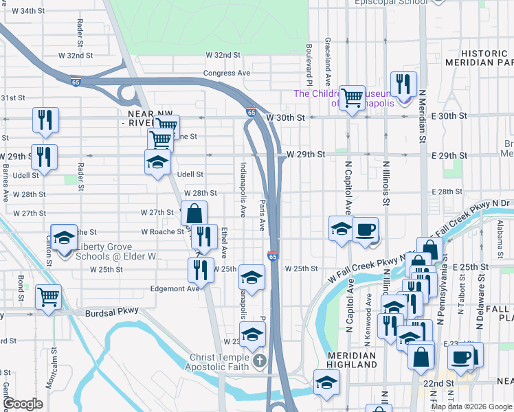 map of restaurants, bars, coffee shops, grocery stores, and more near 2701 Indianapolis Avenue in Indianapolis