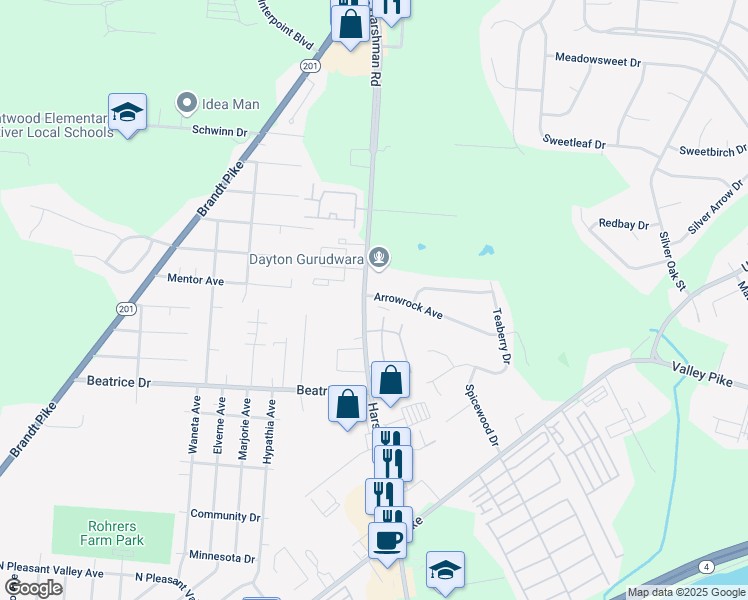 map of restaurants, bars, coffee shops, grocery stores, and more near 4220 Arrowrock Avenue in Dayton