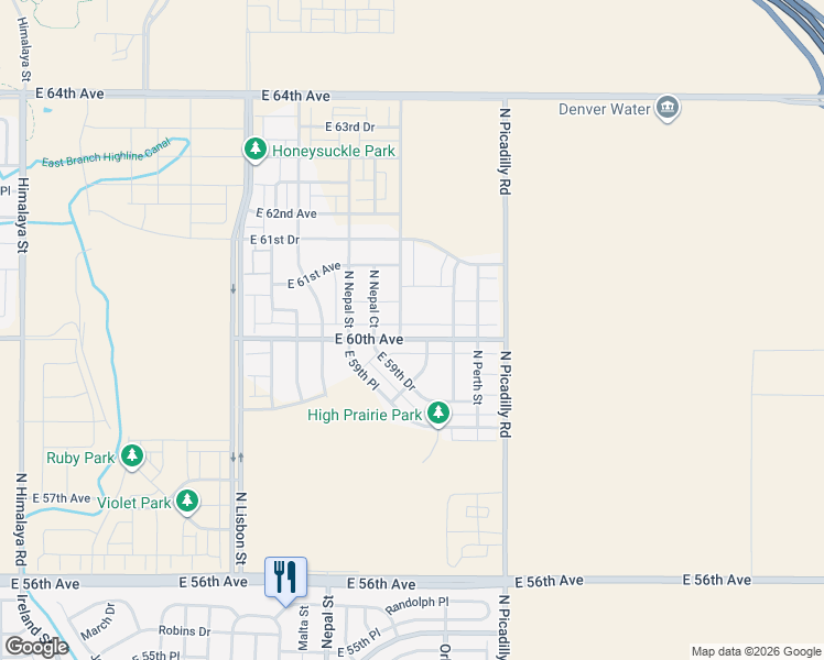 map of restaurants, bars, coffee shops, grocery stores, and more near 21381 East 60th Avenue in Aurora