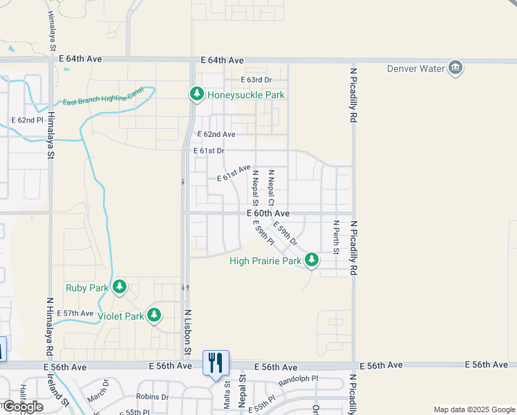 map of restaurants, bars, coffee shops, grocery stores, and more near 21201 East 60th Avenue in Aurora