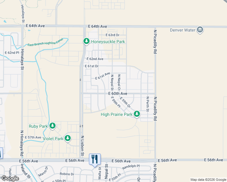 map of restaurants, bars, coffee shops, grocery stores, and more near 21201 East 60th Avenue in Aurora