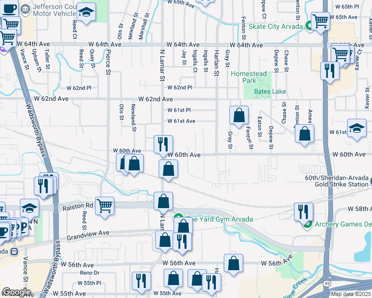 map of restaurants, bars, coffee shops, grocery stores, and more near 6054 West 60th Avenue in Arvada