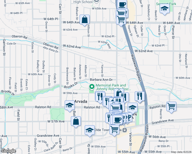 map of restaurants, bars, coffee shops, grocery stores, and more near 7815 Barbara Ann Drive in Arvada