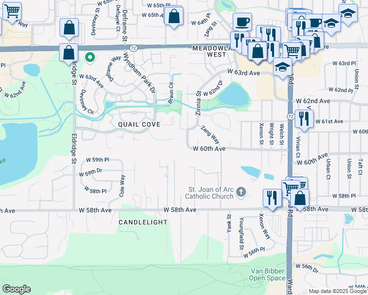 map of restaurants, bars, coffee shops, grocery stores, and more near 13240 West 60th Avenue in Arvada