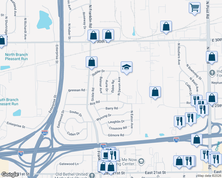 map of restaurants, bars, coffee shops, grocery stores, and more near 2607 Ebbie Road in Indianapolis
