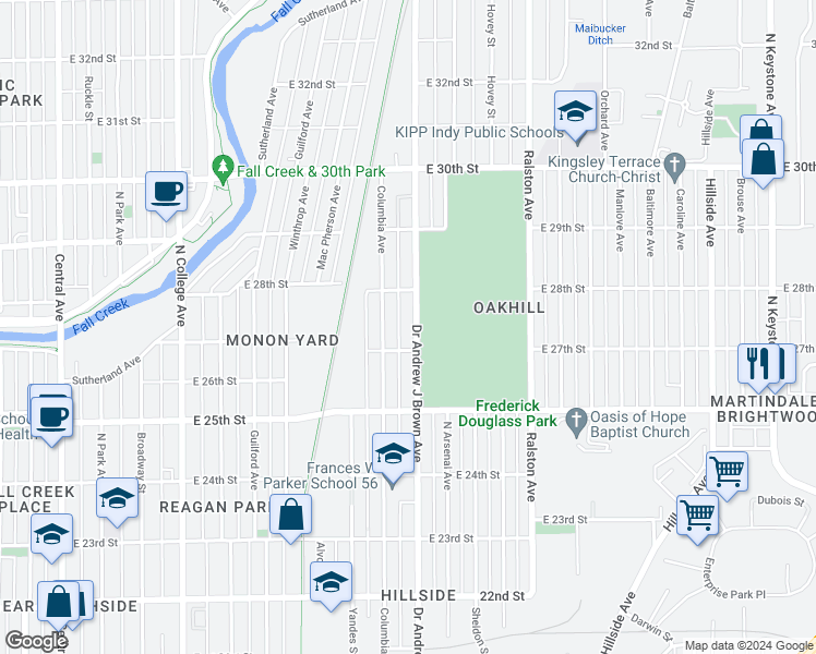 map of restaurants, bars, coffee shops, grocery stores, and more near 2712 Doctor Andrew J Brown Avenue in Indianapolis