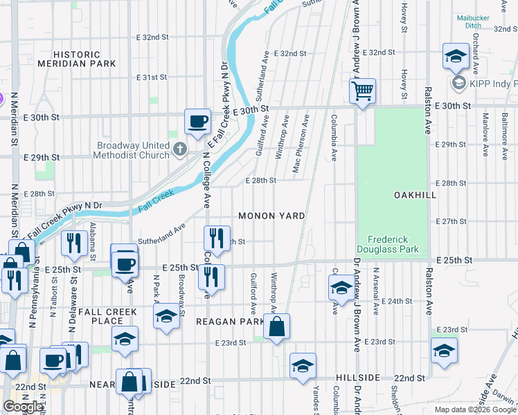 map of restaurants, bars, coffee shops, grocery stores, and more near 825 East 27th Street in Indianapolis