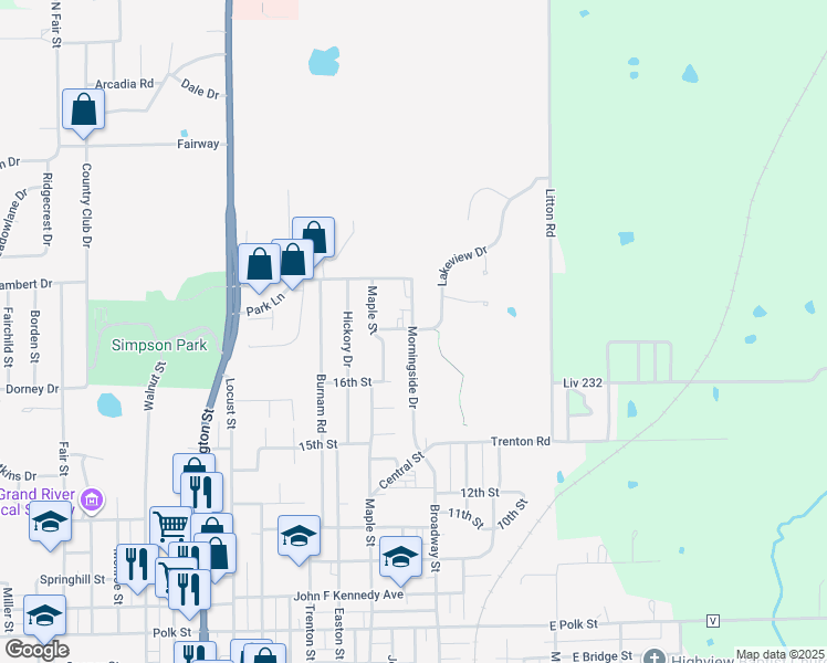 map of restaurants, bars, coffee shops, grocery stores, and more near 1612 Morningside Drive in Chillicothe