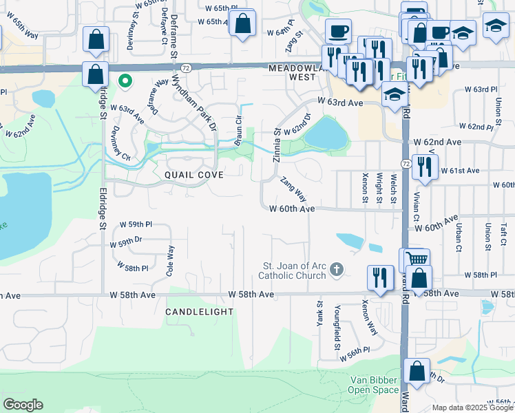map of restaurants, bars, coffee shops, grocery stores, and more near 13240 West 60th Avenue in Arvada