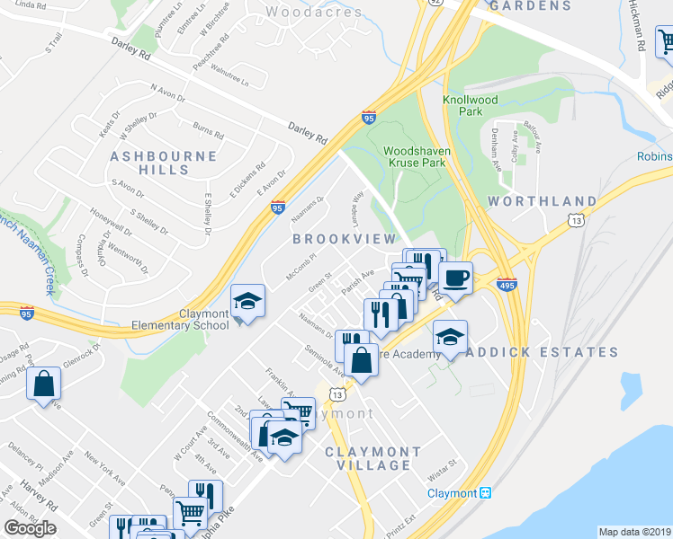 map of restaurants, bars, coffee shops, grocery stores, and more near 3858 Green Street in Claymont