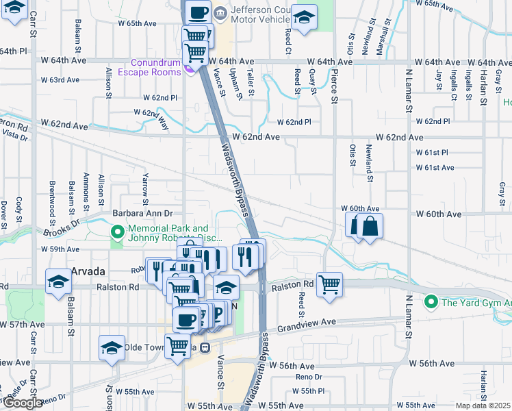 map of restaurants, bars, coffee shops, grocery stores, and more near 6008 Wadsworth Bypass in Arvada