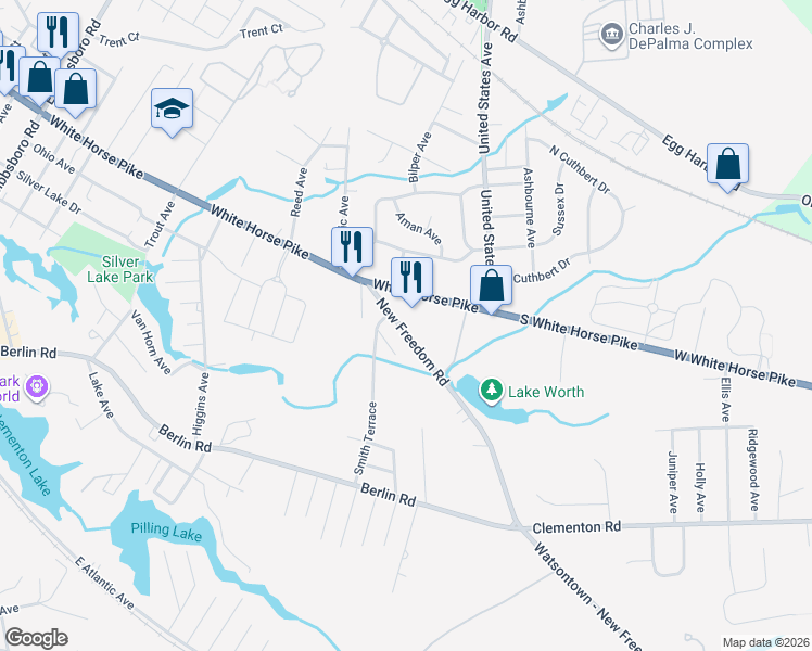 map of restaurants, bars, coffee shops, grocery stores, and more near 142 New Freedom Road in Clementon