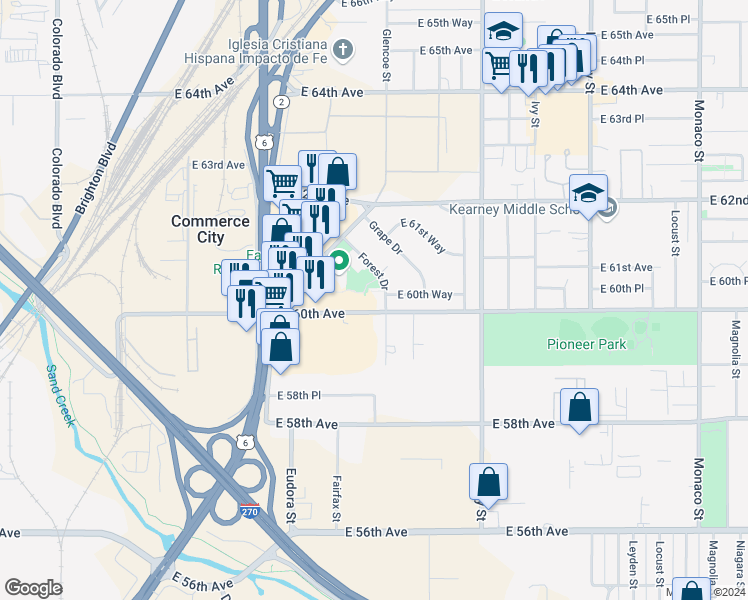 map of restaurants, bars, coffee shops, grocery stores, and more near 5291 East 60th Avenue in Commerce City