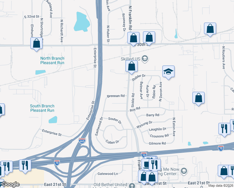 map of restaurants, bars, coffee shops, grocery stores, and more near 7902 Brennan Road in Indianapolis