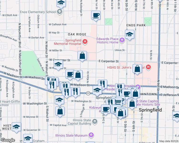 map of restaurants, bars, coffee shops, grocery stores, and more near 401-499 Klein St in Springfield