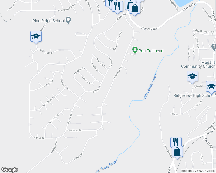 map of restaurants, bars, coffee shops, grocery stores, and more near 13709 Andover Drive in Magalia