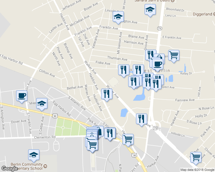 map of restaurants, bars, coffee shops, grocery stores, and more near 101 Walker Avenue in Berlin Township