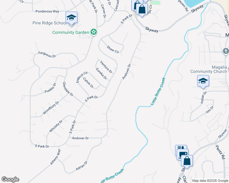map of restaurants, bars, coffee shops, grocery stores, and more near 13709 Andover Drive in Magalia