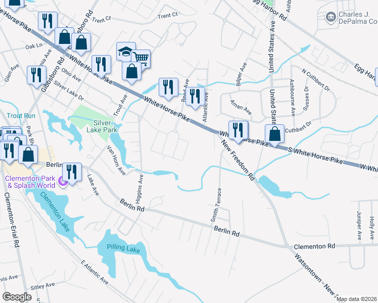map of restaurants, bars, coffee shops, grocery stores, and more near 18 Rowand Way East in Clementon