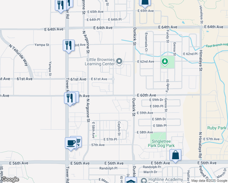 map of restaurants, bars, coffee shops, grocery stores, and more near Argonne Street in Denver