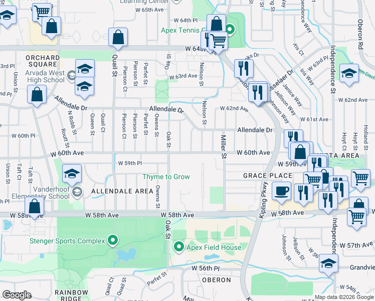 map of restaurants, bars, coffee shops, grocery stores, and more near 10660 West 60th Avenue in Arvada