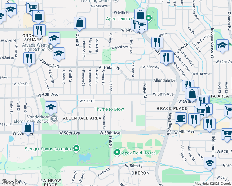 map of restaurants, bars, coffee shops, grocery stores, and more near 10766 West 60th Avenue in Arvada