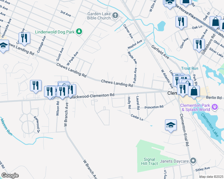 map of restaurants, bars, coffee shops, grocery stores, and more near 151 Blackwood Clementon Road in Clementon