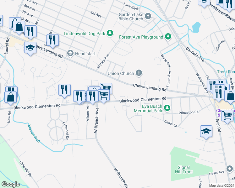 map of restaurants, bars, coffee shops, grocery stores, and more near 91 Blackwood-Clementon Road in Lindenwold