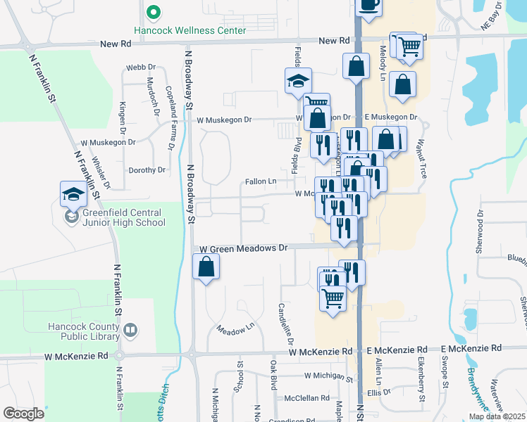 map of restaurants, bars, coffee shops, grocery stores, and more near 452 Paragon Way in Greenfield