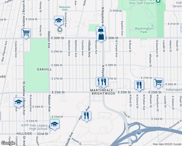 map of restaurants, bars, coffee shops, grocery stores, and more near 2712 Hillside Avenue in Indianapolis