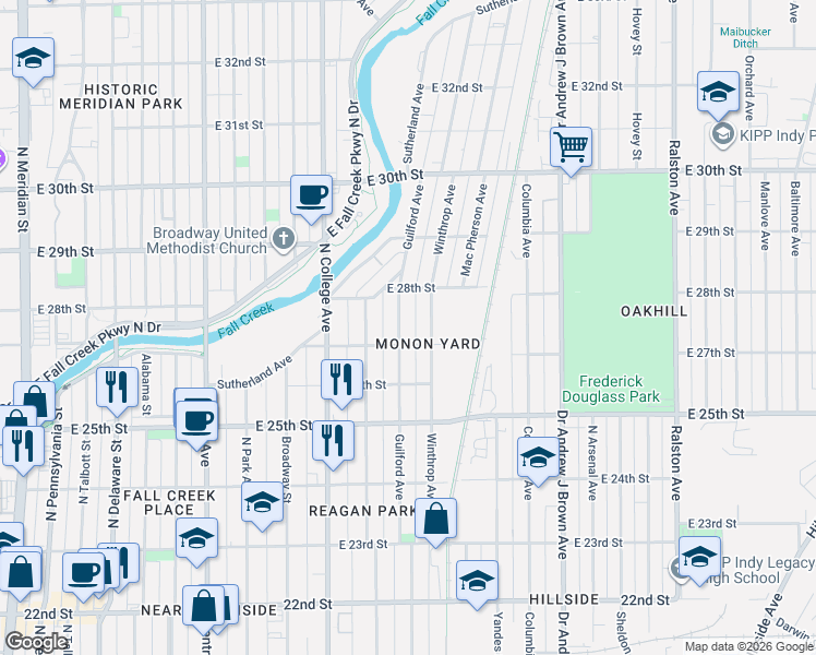 map of restaurants, bars, coffee shops, grocery stores, and more near 825 East 27th Street in Indianapolis