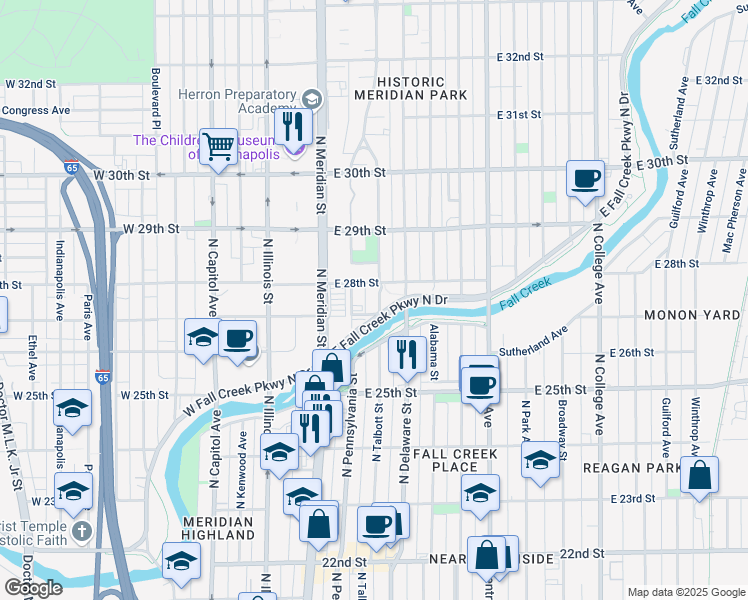 map of restaurants, bars, coffee shops, grocery stores, and more near 2702 North Talbott Street in Indianapolis