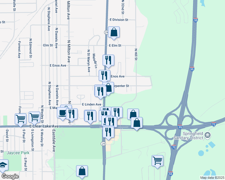 map of restaurants, bars, coffee shops, grocery stores, and more near 3244 East Carpenter Street in Springfield