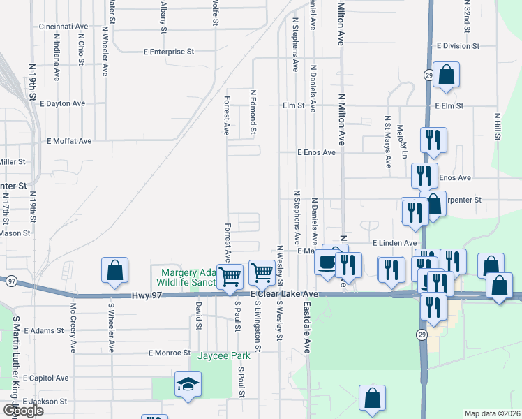 map of restaurants, bars, coffee shops, grocery stores, and more near 449-461 North Wesley Street in Springfield