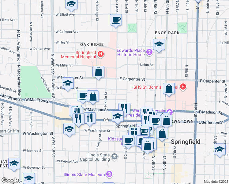 map of restaurants, bars, coffee shops, grocery stores, and more near 401-499 N 1st St in Springfield