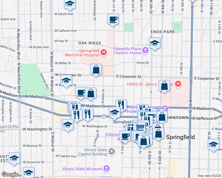 map of restaurants, bars, coffee shops, grocery stores, and more near 401-499 N 1st St in Springfield