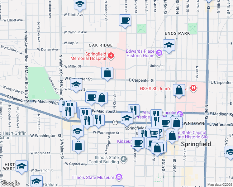 map of restaurants, bars, coffee shops, grocery stores, and more near 401-499 Klein St in Springfield