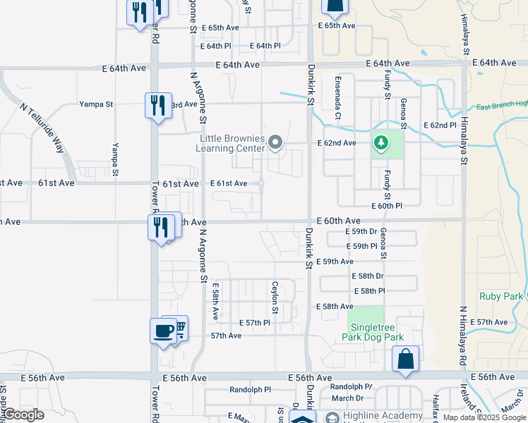 map of restaurants, bars, coffee shops, grocery stores, and more near 6026 North Ceylon Street in Denver