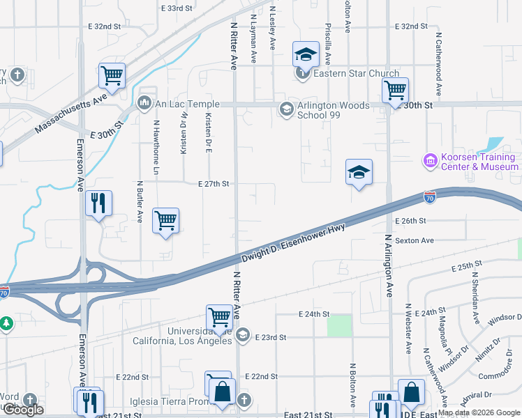 map of restaurants, bars, coffee shops, grocery stores, and more near 2616 North Layman Avenue in Indianapolis