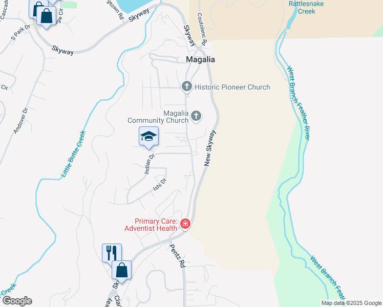 map of restaurants, bars, coffee shops, grocery stores, and more near Skyway Road & Indian Drive in Magalia