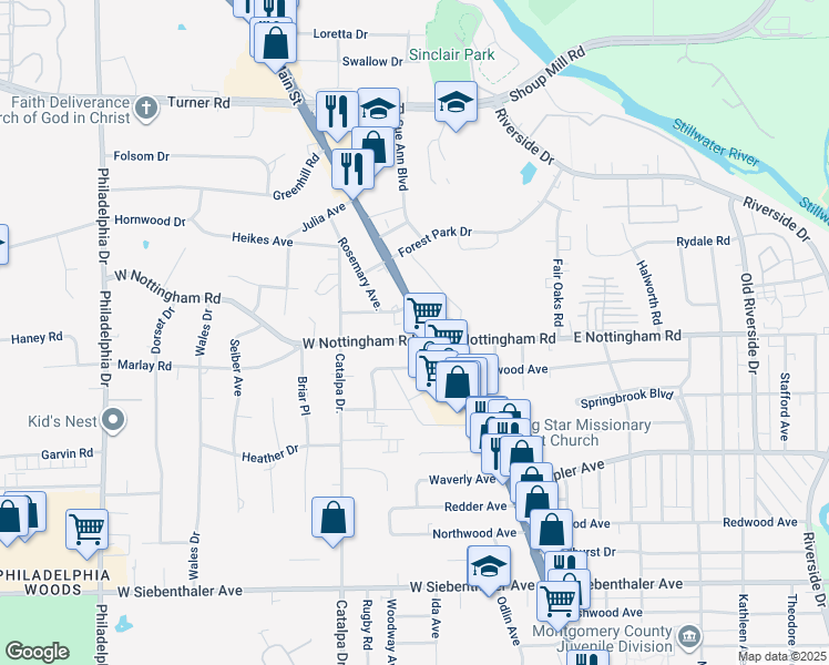 map of restaurants, bars, coffee shops, grocery stores, and more near 28 West Nottingham Road in Dayton