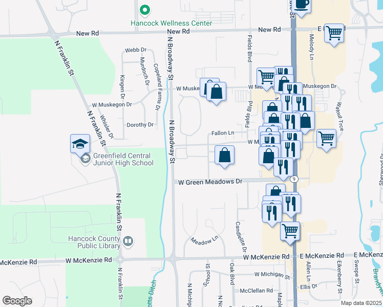 map of restaurants, bars, coffee shops, grocery stores, and more near 568 Preston Drive in Greenfield