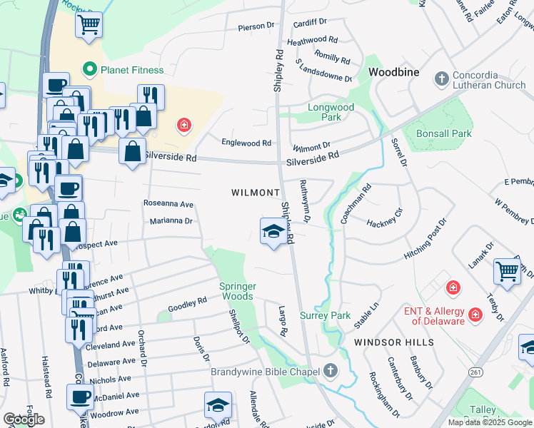 map of restaurants, bars, coffee shops, grocery stores, and more near 13 Kendall Court in Wilmington