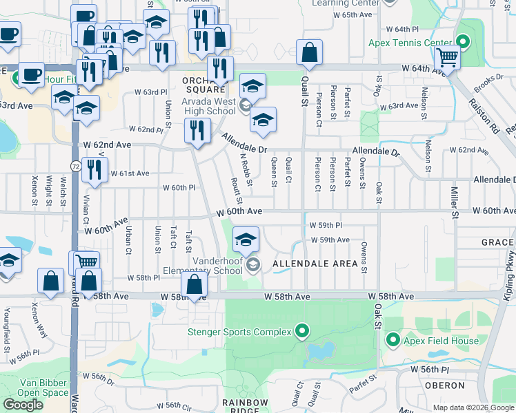 map of restaurants, bars, coffee shops, grocery stores, and more near 11310 West 60th Avenue in Arvada